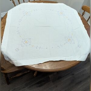 Embroidered White and Purple Tablecloth. Small. 34x34 Inches. Vintage.